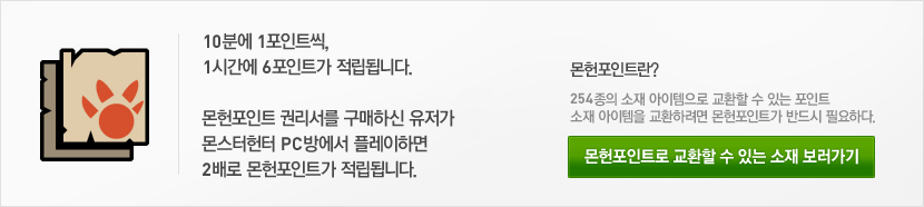 몬헌포인트 권리서를 구매하신 유저가 몬스터헌터 PC방에서 플레이하면 2배로 몬헌 포인트가 적립됩니다.