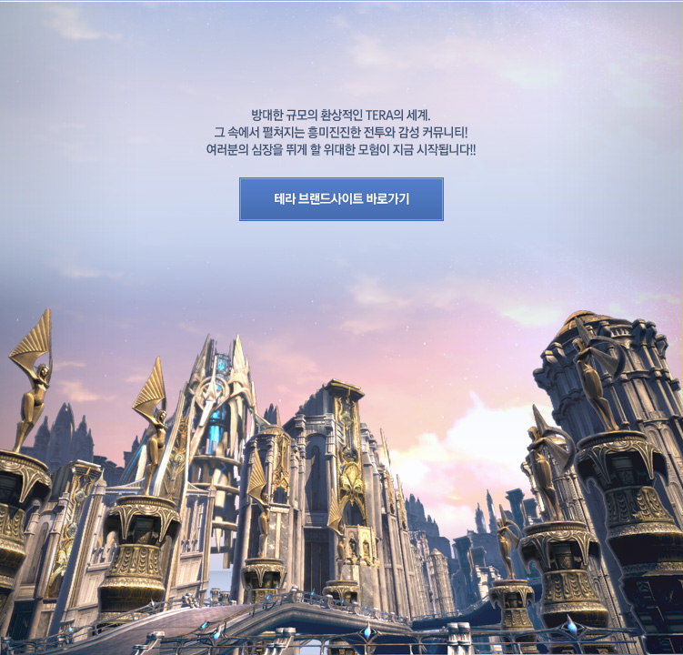 방대한 규모의 환상적인 TERA의 세계, 그 속에서 펼쳐지는 흥미진진한 전투와 감성 커뮤니티! 여러분의 심장을 뛰게 할 위대한 모험이 지금 시작됩니다!!